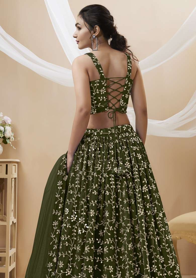 Green Work Georgette Lehenga Set with Sequin for Diwali | Wedding & Festive Wear - Indya