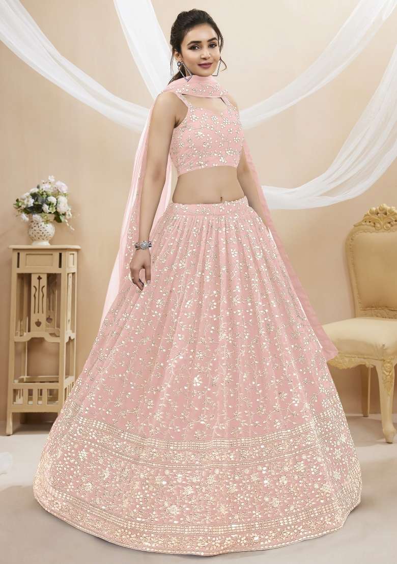 Pink Sequin Work Georgette Lehenga Set for Diwali and Festive Wear - Indya