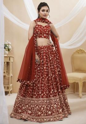 Red Sequin Work Georgette Lehenga Set