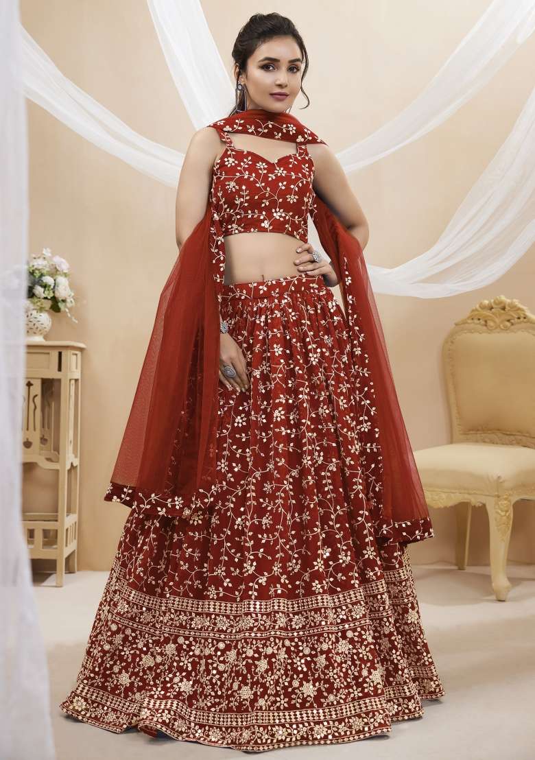 Red Work Georgette Lehenga Set with Sequin for Diwali | Wedding & Festive Wear - Indya