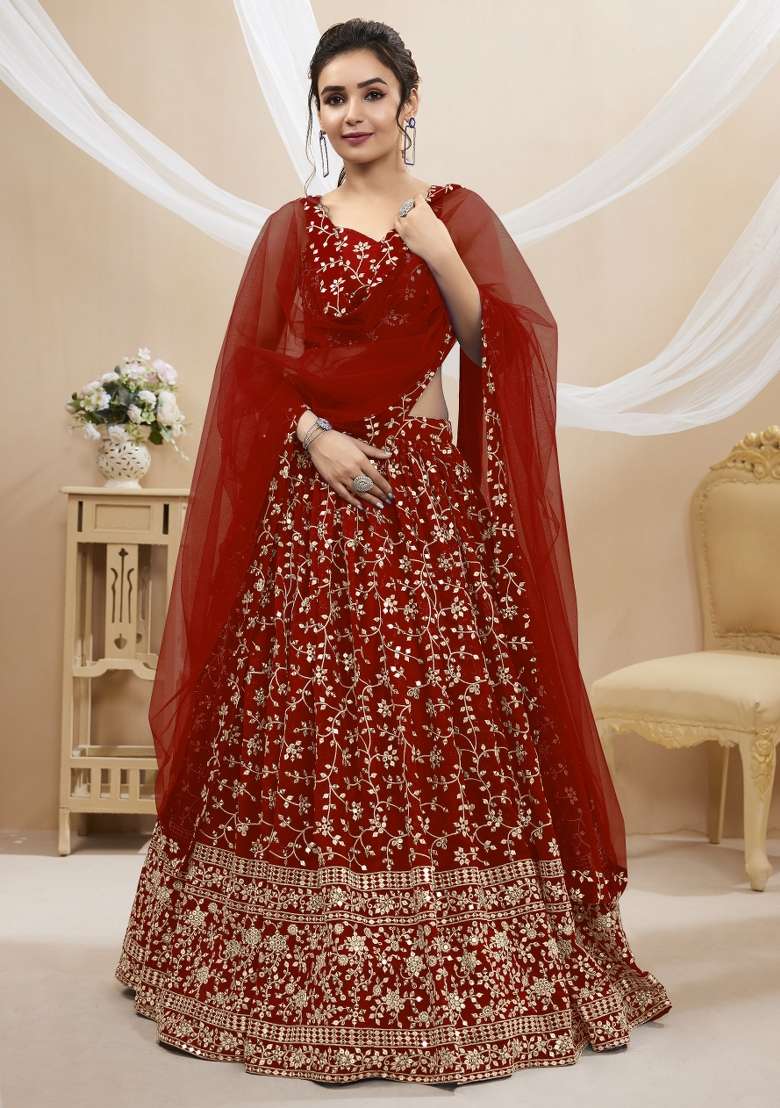 Red Work Georgette Lehenga Set with Sequin for Diwali | Wedding & Festive Wear - Indya