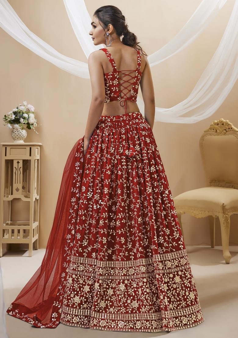 Red Sequin Work Georgette Lehenga Set - Indya