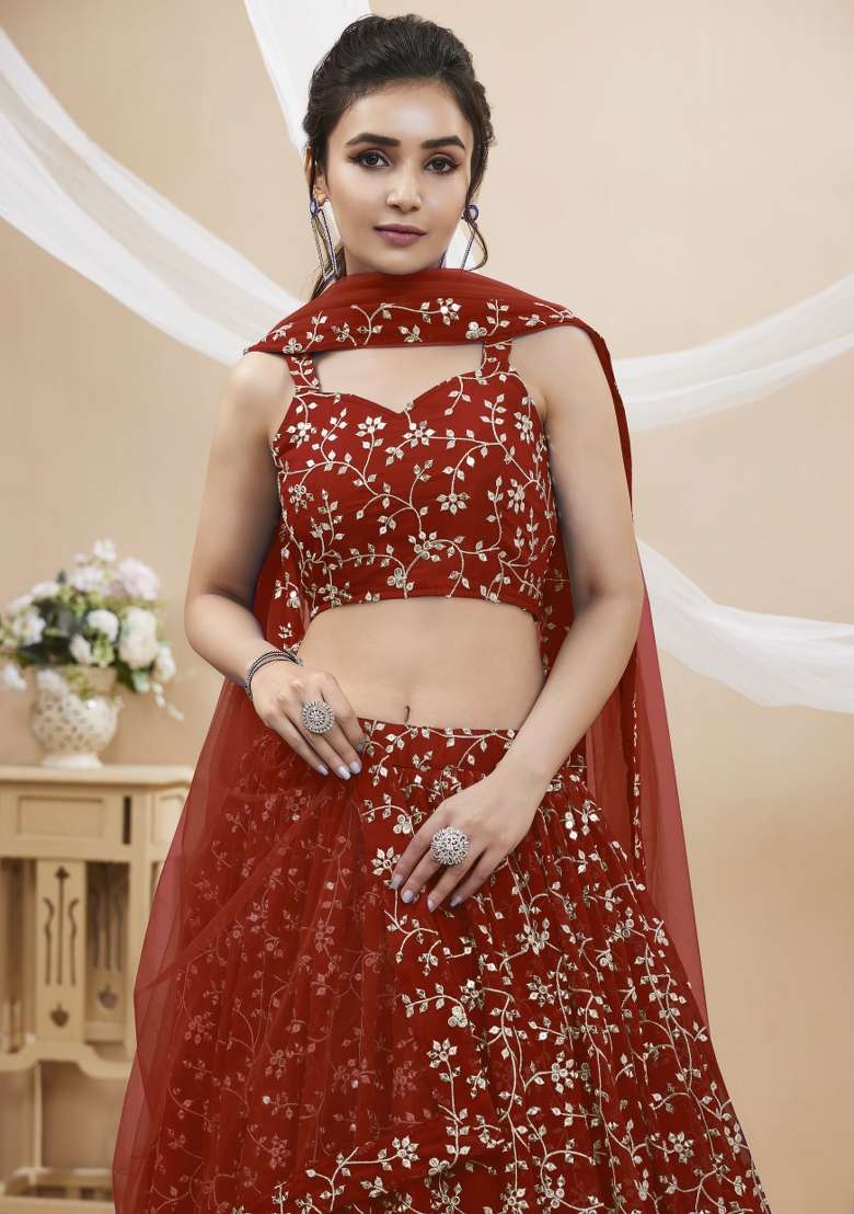 Red Work Georgette Lehenga Set with Sequin for Diwali | Wedding & Festive Wear - Indya