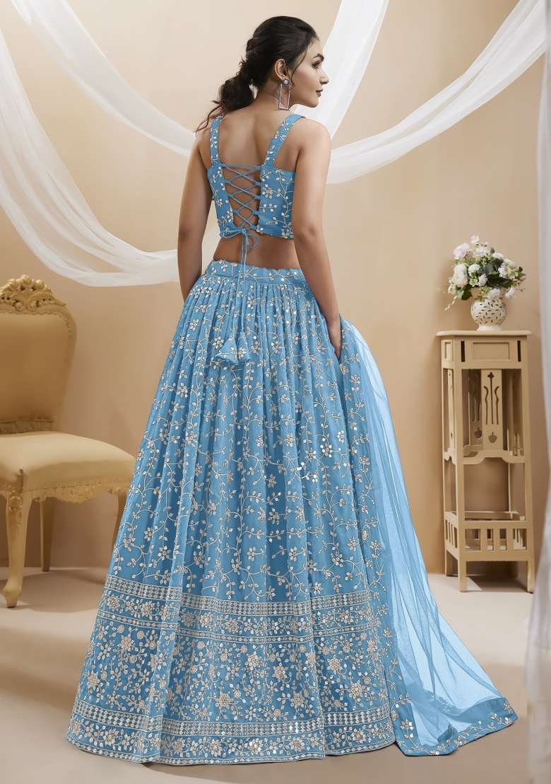 Sky Blue Work Georgette Lehenga Set with Sequin for Diwali | Wedding & Festive Wear - Indya