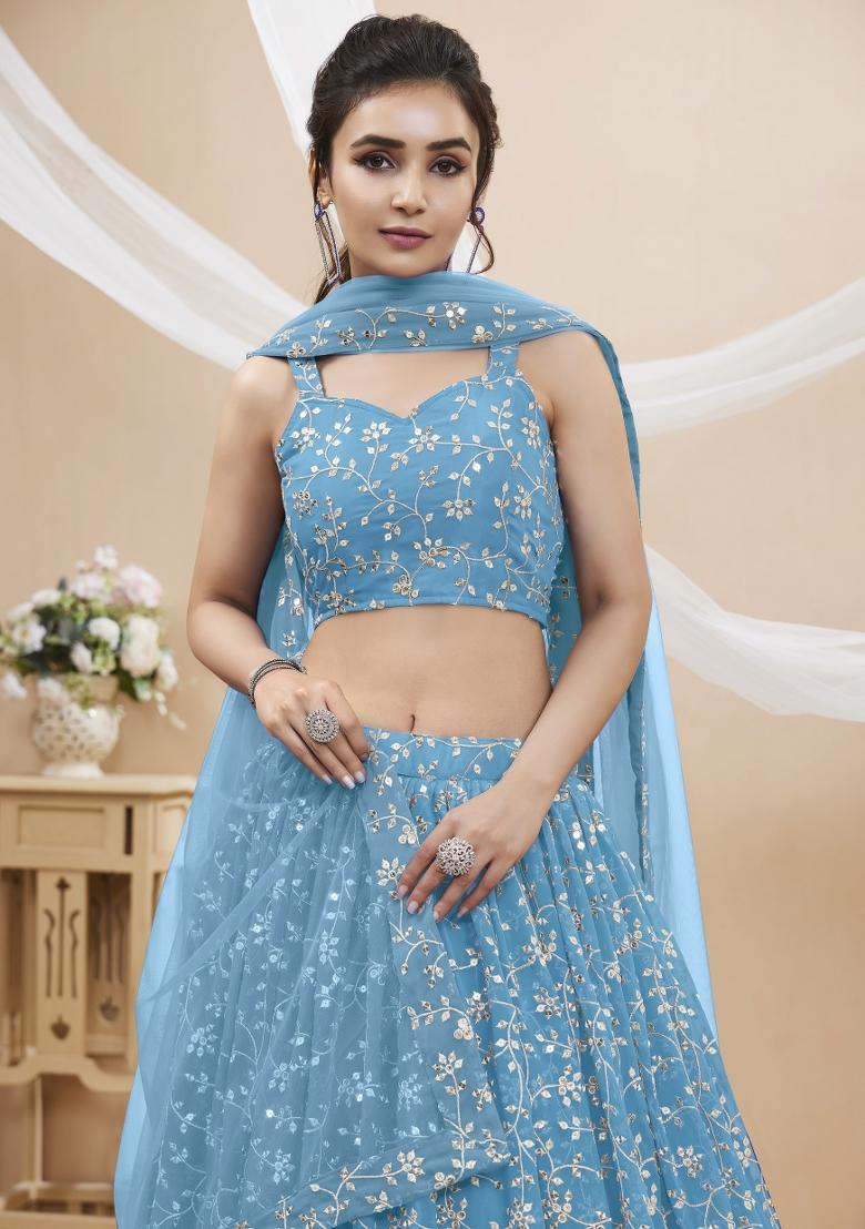 Sky Blue Sequin Work Georgette Lehenga Set - Indya