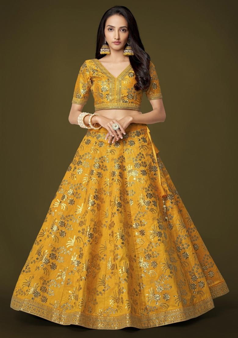 Yellow Sequin Work Silk Blend Lehenga Set - Indya