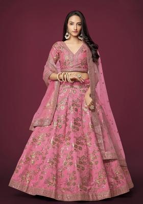 Pink Sequin Work Silk Blend Lehenga Set