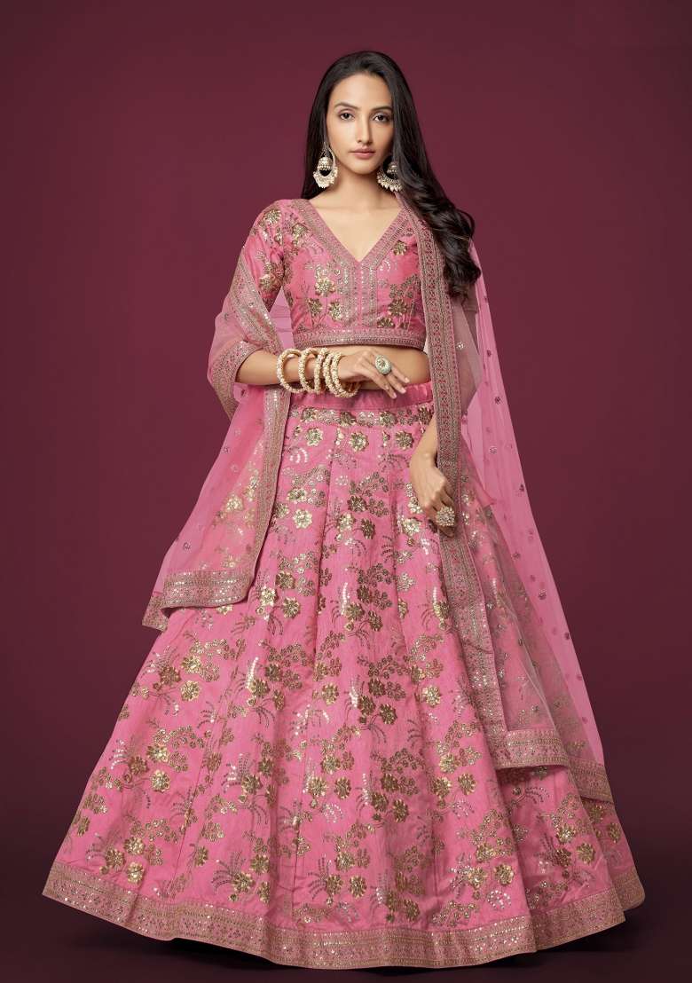 Pink Work Silk Blend Lehenga Set with Sequin for Diwali | Wedding & Festive Wear - Indya