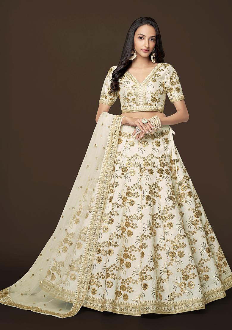 White Sequin Work Silk Blend Lehenga Set - Indya