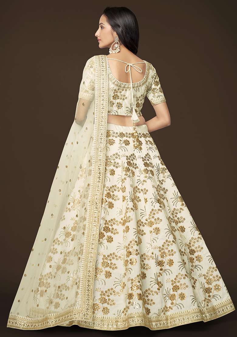 White Sequin Work Silk Blend Lehenga Set for Diwali and Festive Wear - Indya