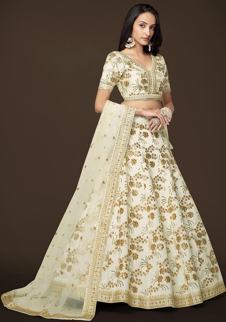 White Sequin Work Silk Blend Lehenga Set - Indya