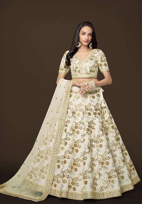 White Sequin Work Silk Blend Lehenga Set for Diwali and Festive Wear