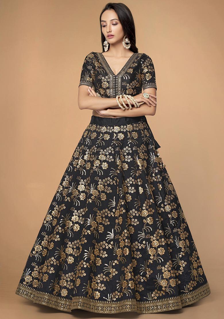 Black Sequin Work Silk Blend Lehenga Set - Indya