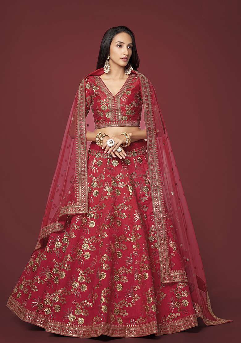 Red Work Silk Blend Lehenga Set with Sequin for Diwali | Wedding & Festive Wear - Indya