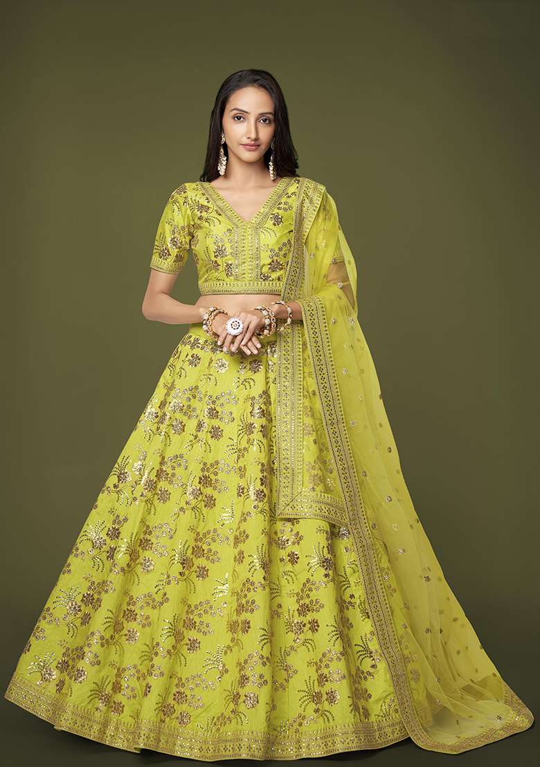 Neon Sequin Work Silk Blend Lehenga Set for Diwali and Festive Wear - Indya