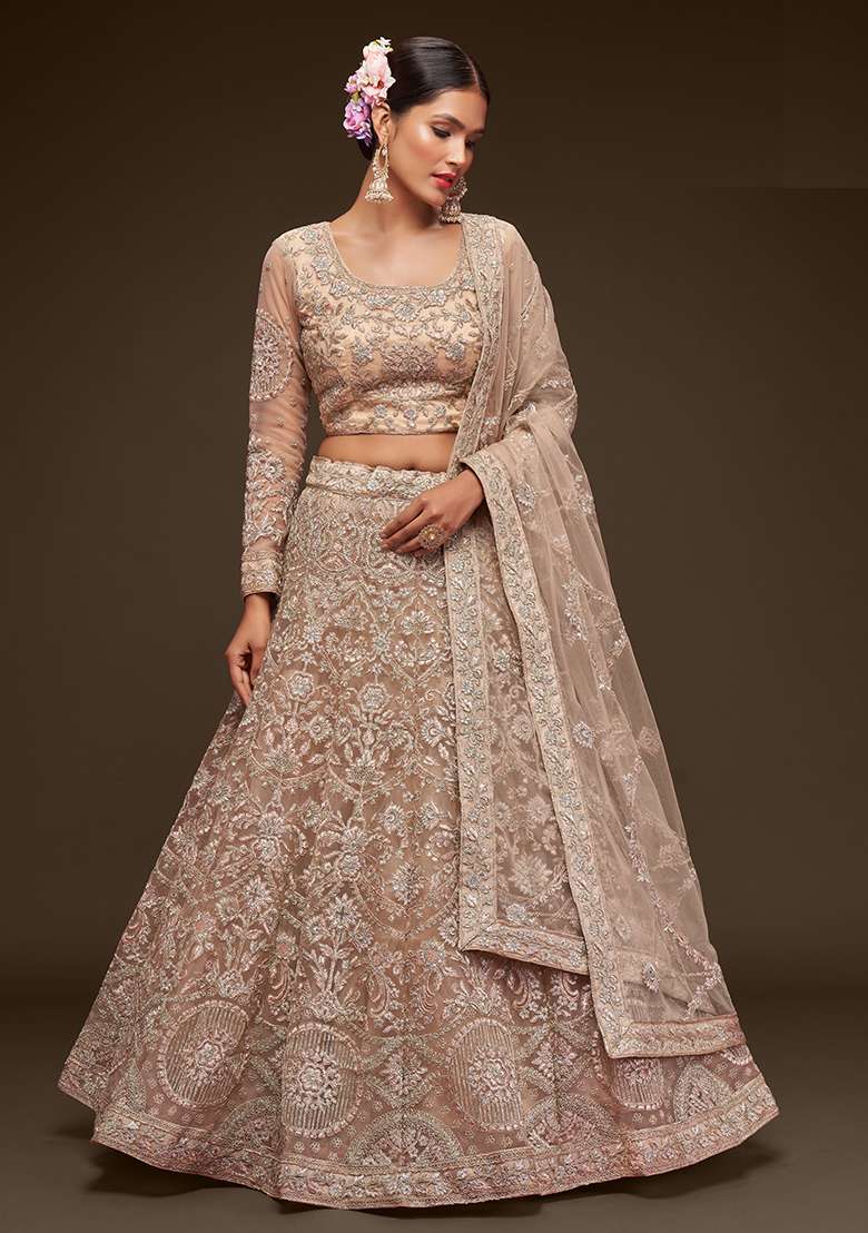 Royal Beige Embroidered Net Lehenga Set - Indya