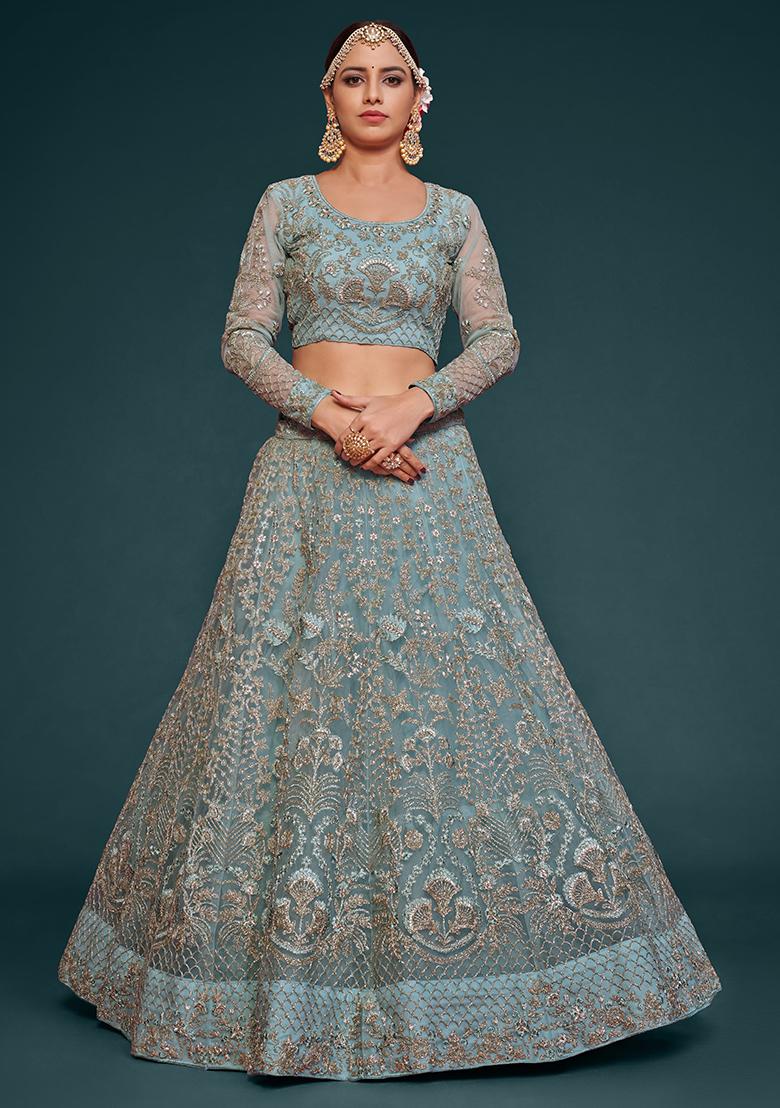 Ocean Aqua Embroidered Net Lehenga Set - Indya