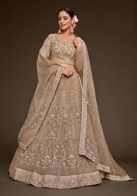 Beige Embroidered Net Lehenga Set