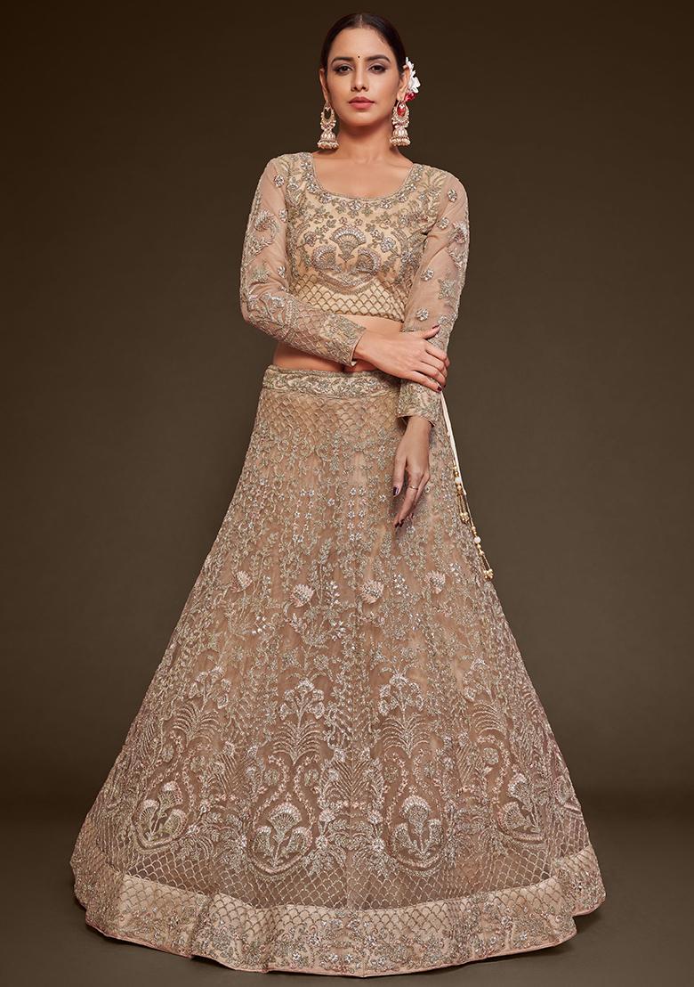 Beige Embroidered Net Lehenga Set - Indya