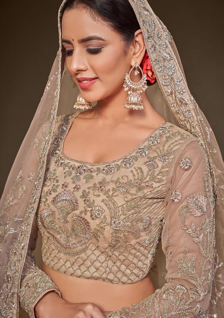 Beige Embroidered Net Lehenga Set - Indya