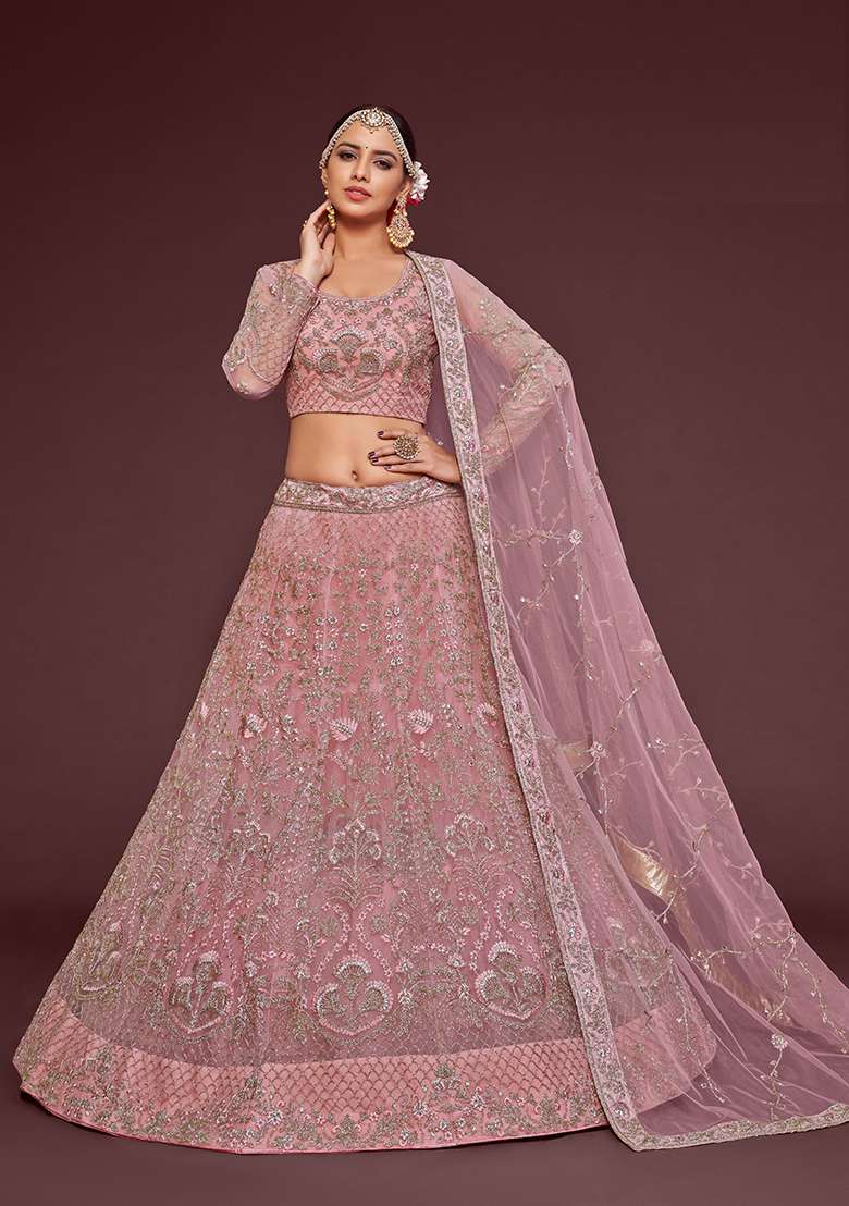 Pearl Pink Net Lehenga Set with Embroidered for Diwali | Wedding & Festive Wear - Indya