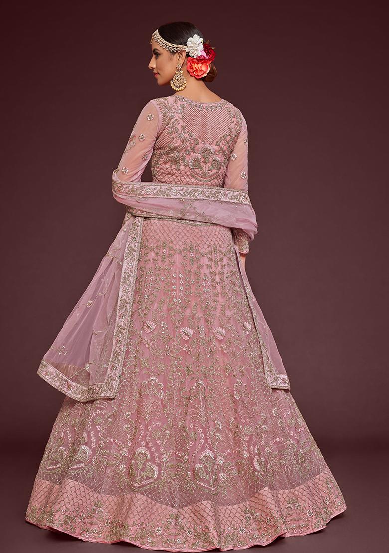 Pearl Pink Embroidered Net Lehenga Set - Indya