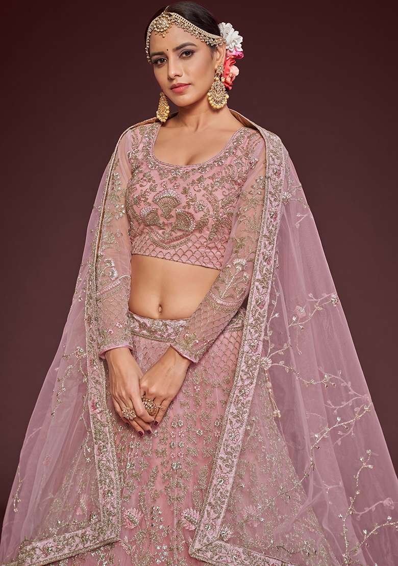 Pearl Pink Net Lehenga Set with Embroidered for Diwali | Wedding & Festive Wear - Indya