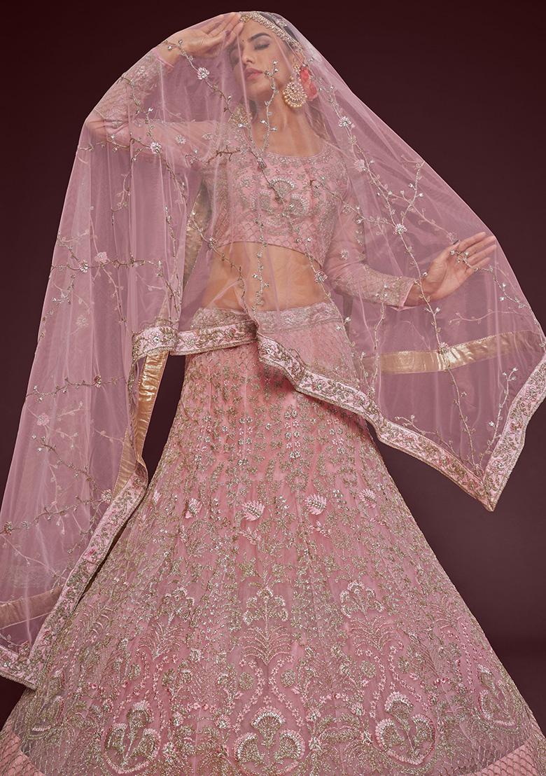 Pearl Pink Embroidered Net Lehenga Set - Indya