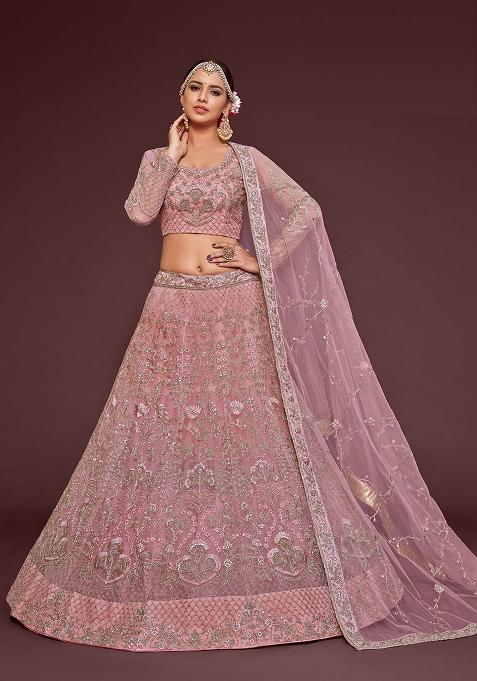 Pearl Pink Embroidered Net Lehenga Set