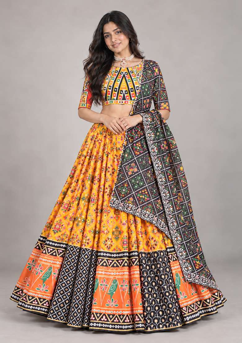 Multicolor Silk Blend Lehenga Set with Digital Print for Diwali | Wedding & Festive Wear - Indya