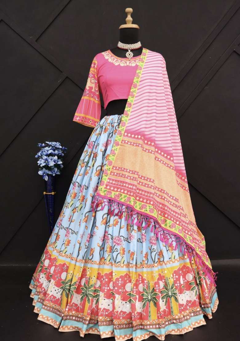 Multicolor Digital Print Silk Blend Lehenga Set for Diwali and Festive Wear - Indya