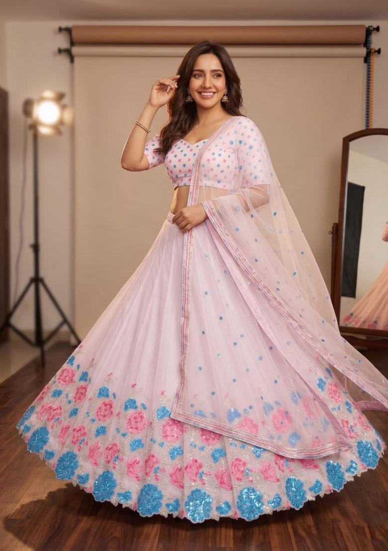 Pink Sequin Work Georgette Lehenga Set - Indya