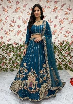 Blue Embroidered Net Lehenga Set