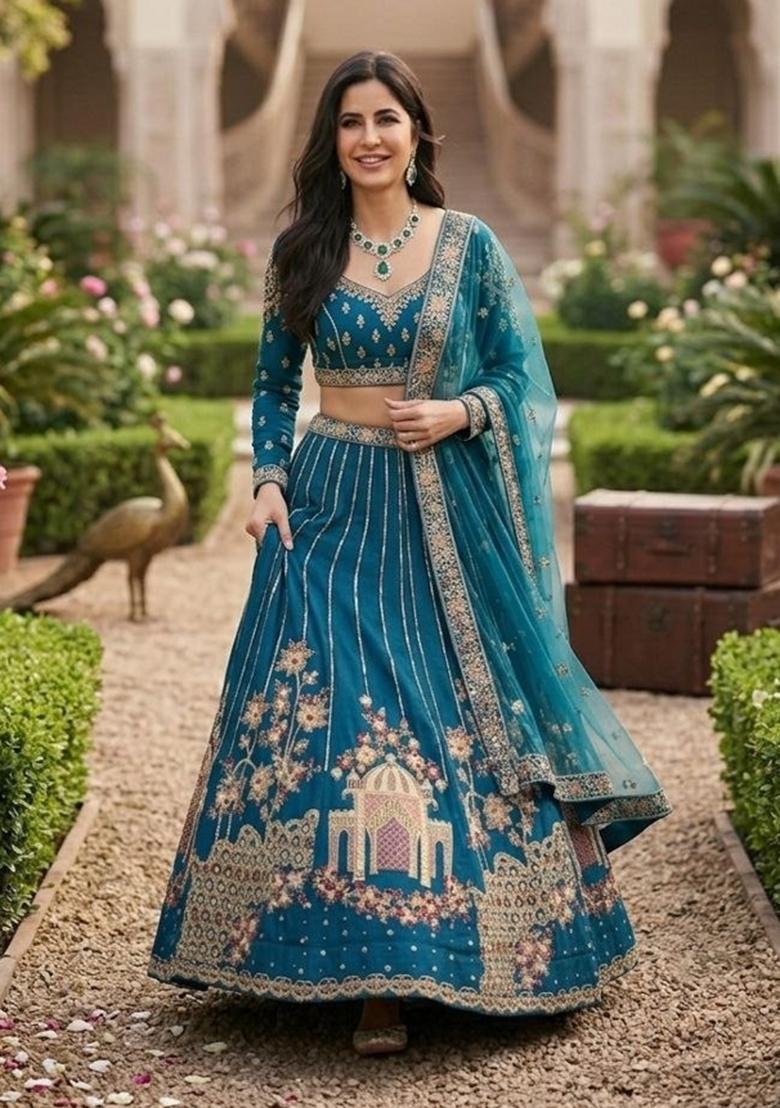 Blue Embroidered Net Lehenga Set - Indya