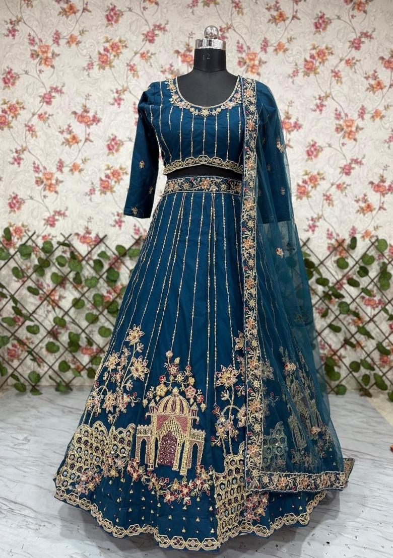 Blue Embroidered Net Lehenga Set - Indya