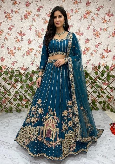 Blue Embroidered Net Lehenga Set