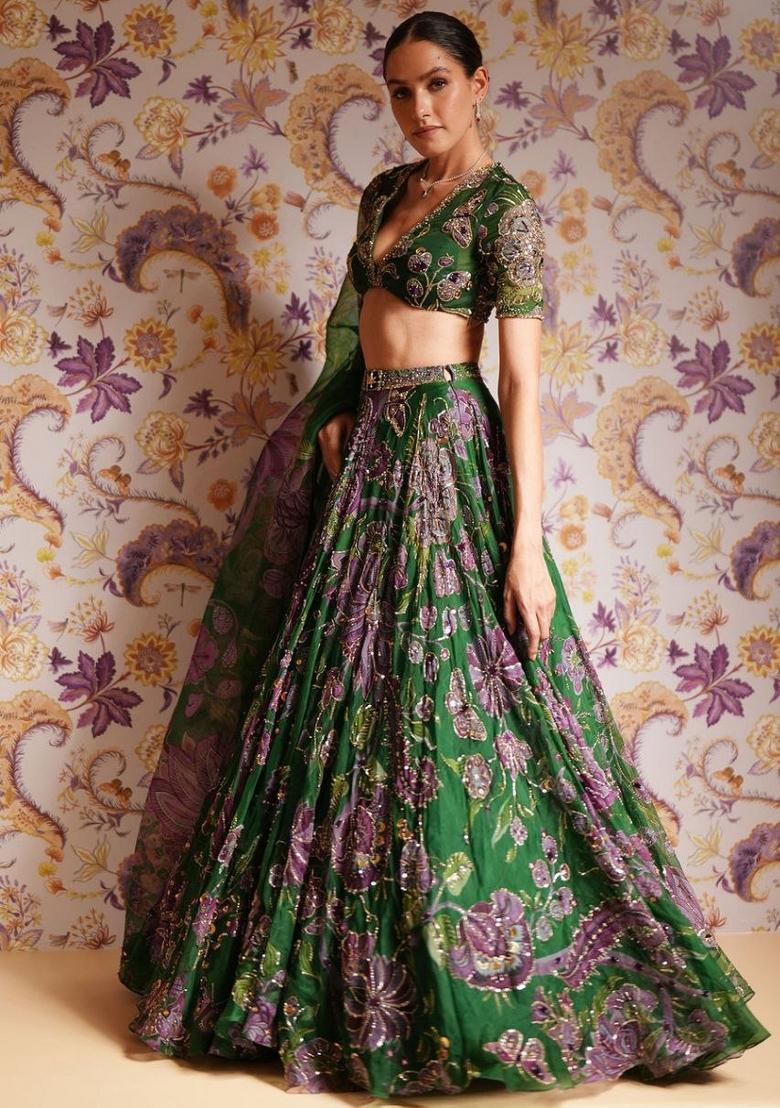 Green Sequin Work Silk Lehenga Set - Indya