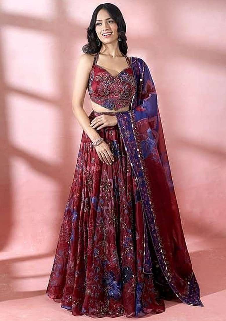 Red Sequin Work Silk Lehenga Set for Diwali and Festive Wear - Indya