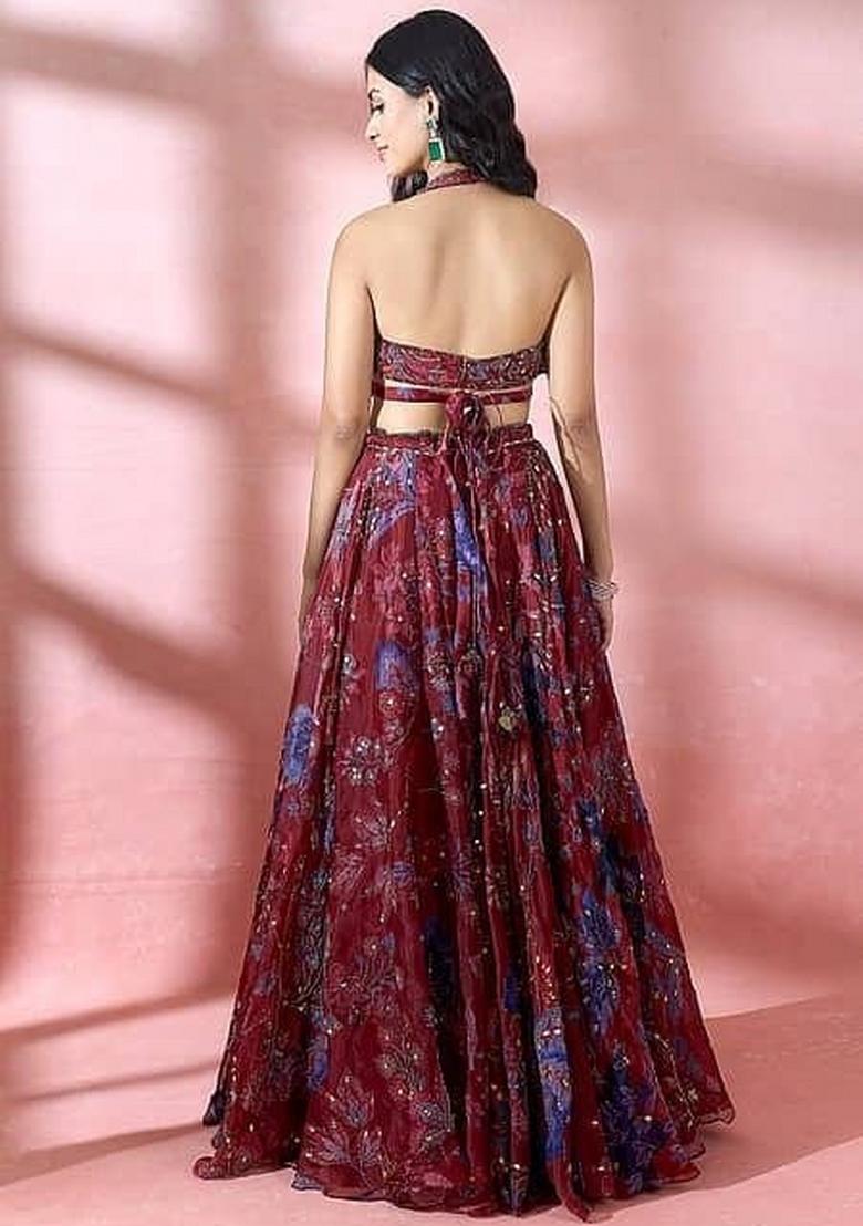 Red Sequin Work Silk Lehenga Set - Indya