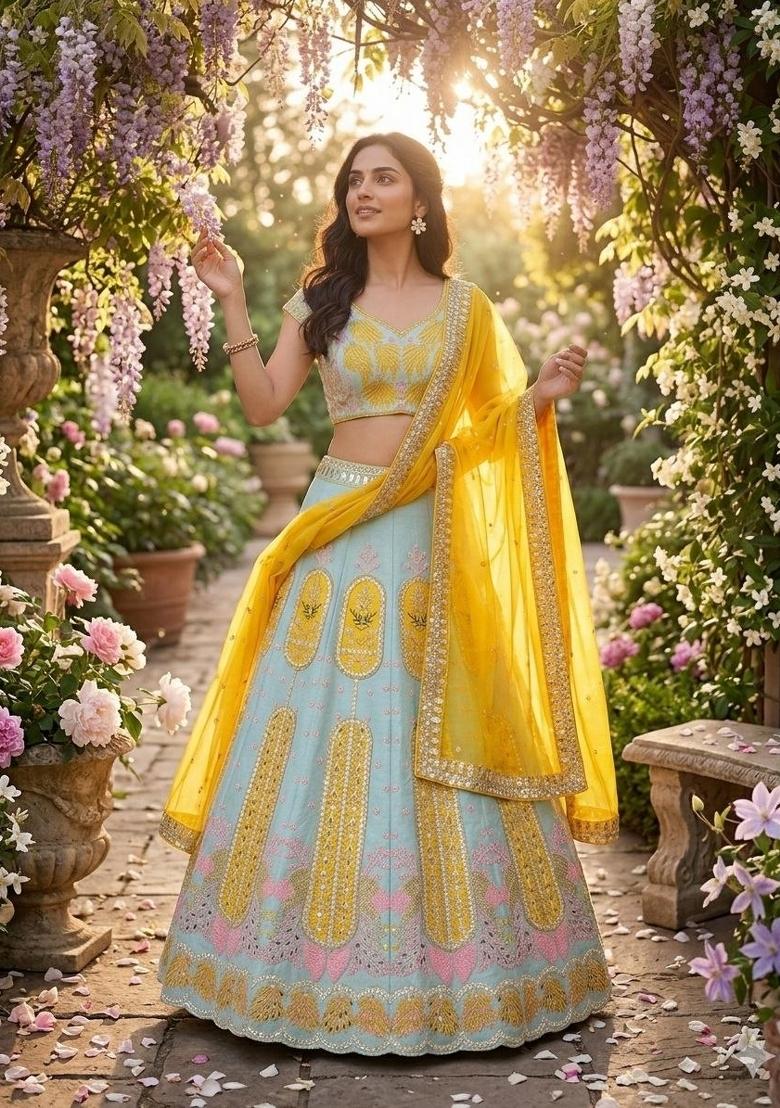 Yellow Sequin Work Silk Lehenga Set - Indya
