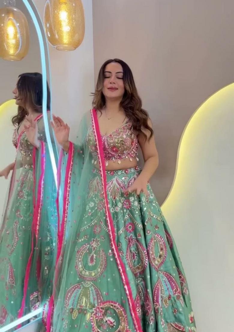 Blue Sequin Work Silk Lehenga Set - Indya