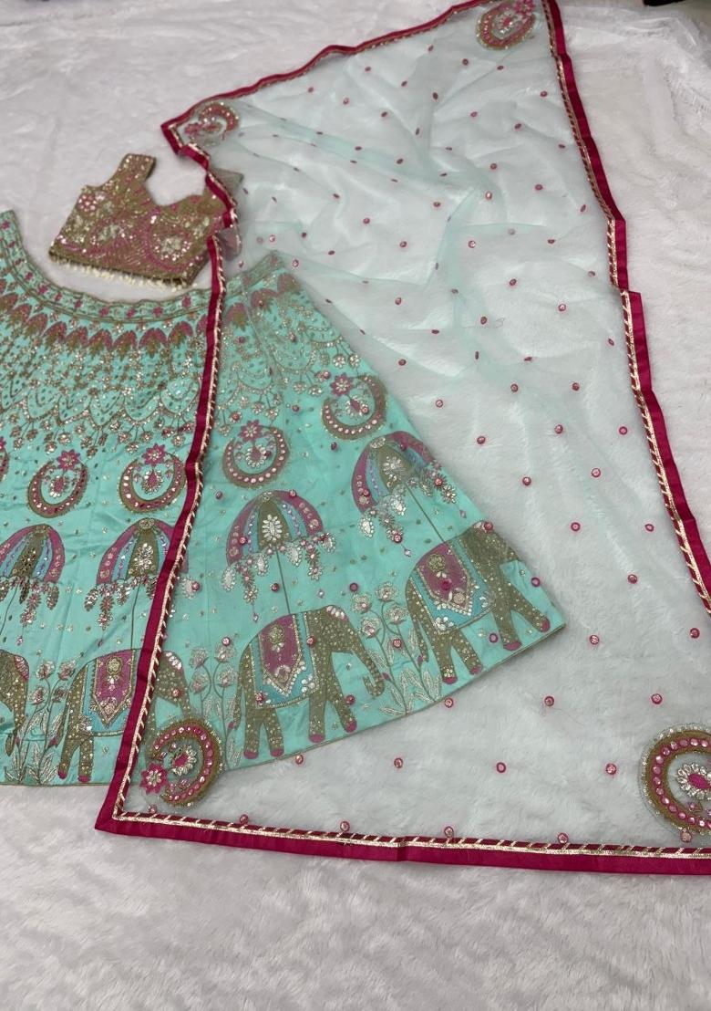 Blue Sequin Work Silk Lehenga Set - Indya