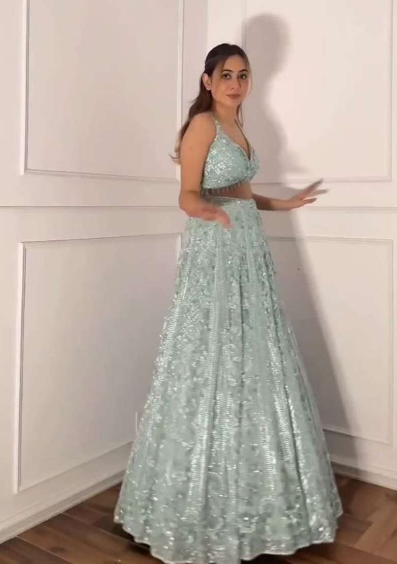 Blue Sequin Work Net Lehenga Set for Diwali and Festive Wear - Indya