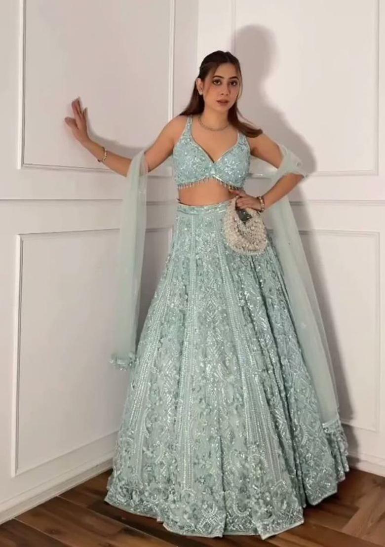 Blue Sequin Work Net Lehenga Set - Indya