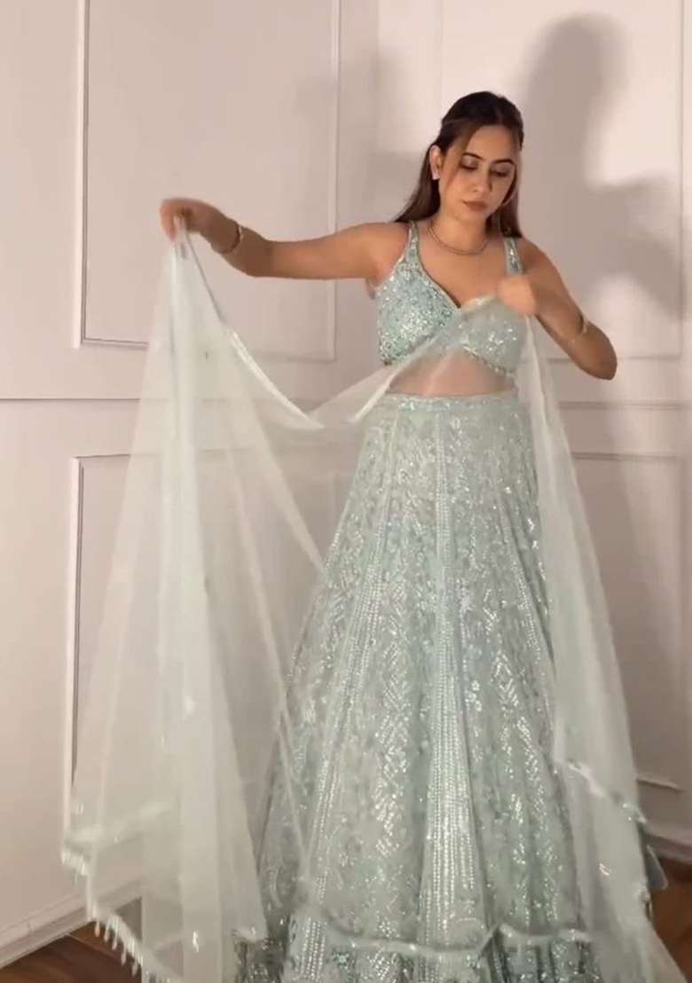 Blue Sequin Work Net Lehenga Set for Diwali and Festive Wear - Indya