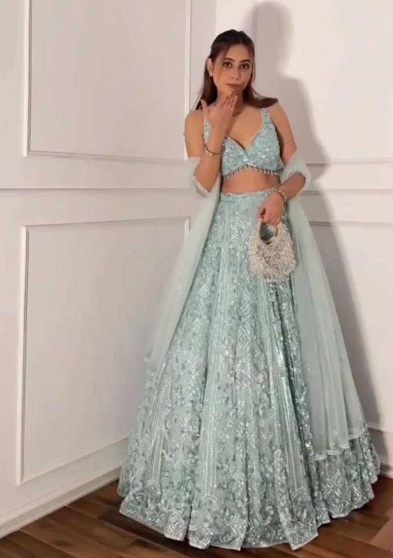 Blue Sequin Work Net Lehenga Set - Indya