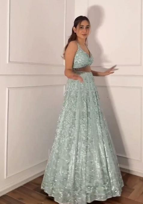 Blue Sequin Work Net Lehenga Set