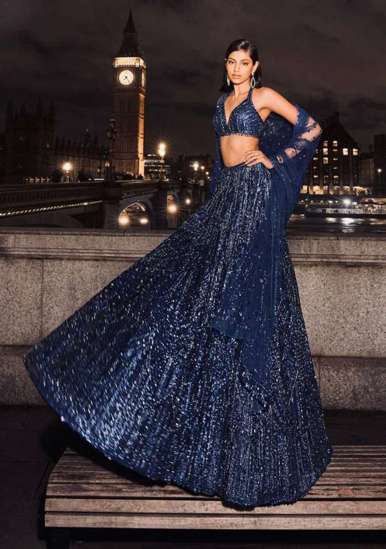 Blue Work Georgette Lehenga Set with Sequin for Diwali | Wedding & Festive Wear - Indya