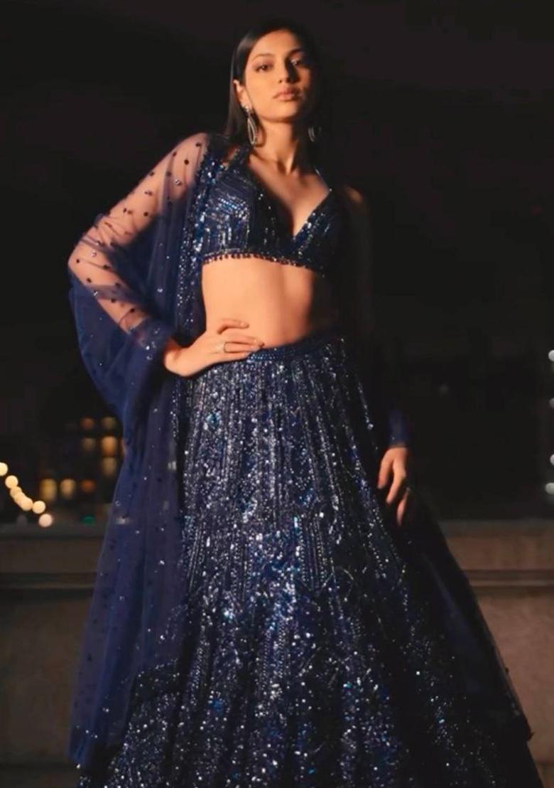 Blue Sequin Work Georgette Lehenga Set - Indya