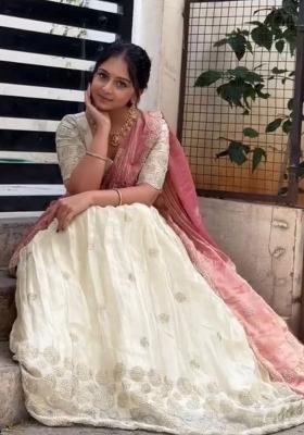 White And Pick Sequin Work Chinon Lehenga Set